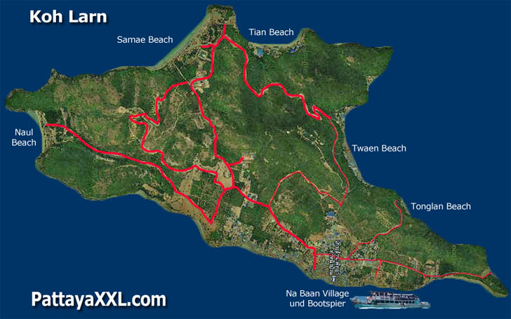 Karte von Koh Larn mit den grössten Stränden